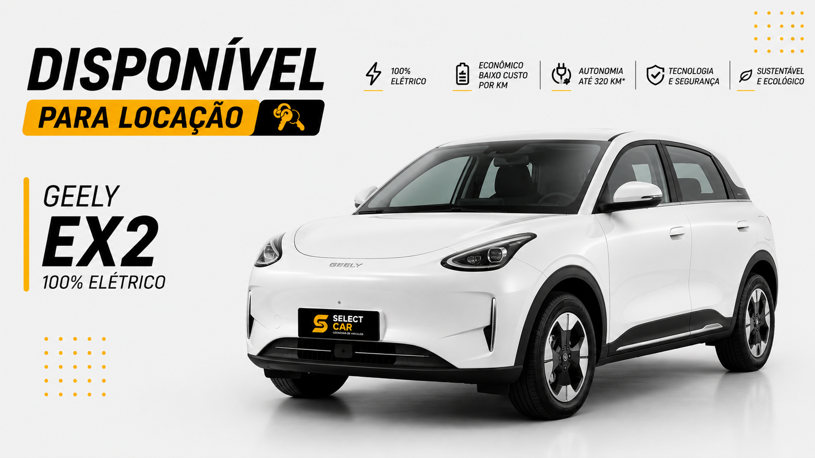 Geely EX2 100% elétrico disponível para locação na Select Car