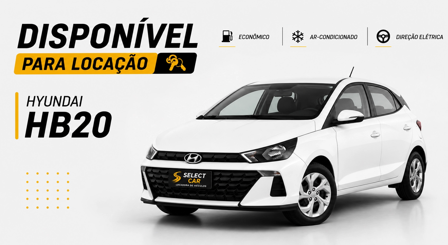 Hyundai HB20 branco disponível para locação na Select Car