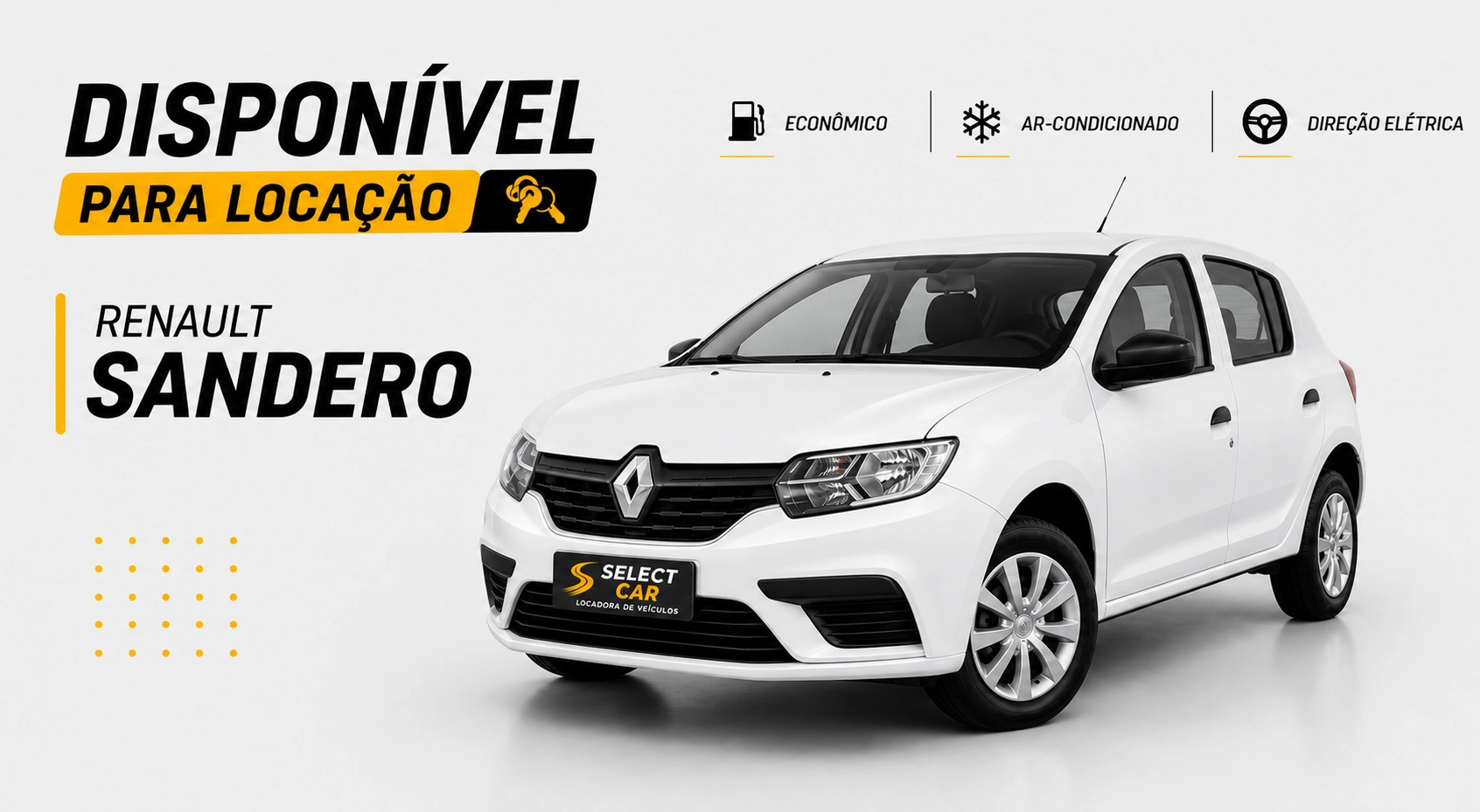 Renault Sandero branco disponível para locação na Select Car